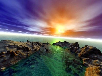 Superbe coucher de soleil; avc la mer ; on voit le soleil se coucher et se mélangeant aux couleurs de la  nuit; bleu noir, et les roches ; blanc vert; ces dif de couleurs sont magnifiques! Je vs souha