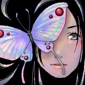 image superbe d'une fille qui a l'air bien jeune, et jolie, faisant penser:;'l'ensemble à UN MANGA : fort sympa à regarder ; ce papillon mauves et colorées de plusieurs tons;buille