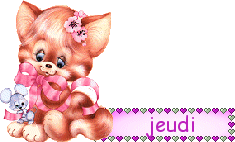 BON JEUDI cmme nous sohaite ce Chaton  mimi, toutjoli, avc son noeud rose, ses fleurs sr sa ptite tete, et la souris qui lui tient compagnie, beau pelage chatain de ntre petit chat, jeudi et plein de 