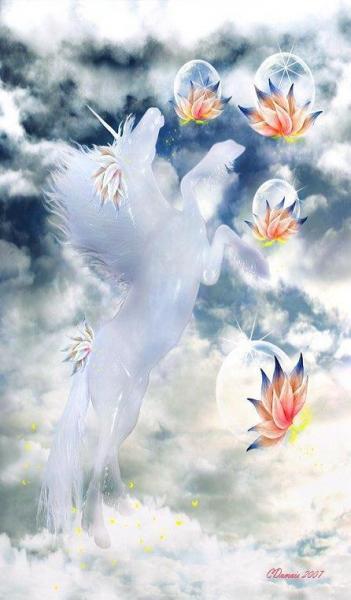 Cheval Licorne blanc magnifique: qui veut prendre l'envol dans le ciel, autour des nuages fond bleu ciel, et des fleurs colorées ; jaune blanc transparent ;imageinspire : poésie ; peinture;  plei