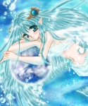 Jeune fille  sr  l'eau ;  plein de bleu ; c'est joli et poétique