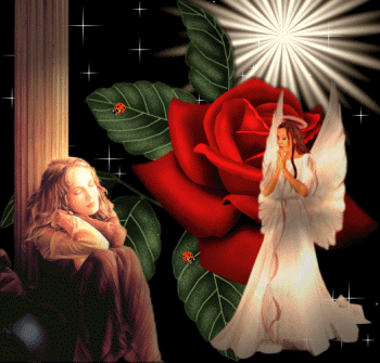 Belle femme fermant yeux, se reposant dans le calme de la nuit, étoiles brillent,une belle rose rouge est épanouie;et un bel ange féminin vient protéger et amener La Lumière Divine vers ctte dame;Imag