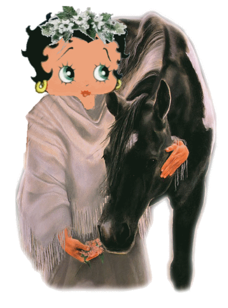 Betty Boop  belle, belle robe;fleurs blanches verdure dns ss beaux cheveux noirs;beau chale gris blanc; et qui carresse son Beau Cheval Noir Blanc; lui fait sentir des fleurs belles orangés et qui doi
