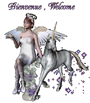 Oui BIENVENUE WELCOME, cmme vs le présente ctte jolie femme habillée blanc gris ; ange féminin belles ailes,tenant sn beau cheval grisé blan de couleurn fleurs étoiles mauves;verts; ça brille ; image 