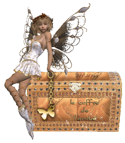 Belle fille habillée blanc jolie jupe;dorée brillant et belles ailes noires;j'aime bien les collants;original; avc joli chaine dorée et papillon; assise sur Joli coffret  qui  en  ressort   l