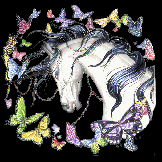 Cheval blanc superbe;sous fond noir,mais ça brille;papillons ttes couleurs;fleurs;belle crinière noire/mauve;Image SUPERBE ; oui, j'aime beaucoup les CHEVAUX, et Vous ? Un petit Coucou si le coeu
