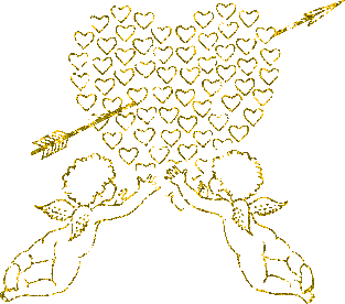 2 beaux anges dorés tenant de leurs ptites mains un beau coeur plein de petits coeurs brillent !!  Ailes brillent!  Image superbe pleine d'Espoir  de Lumière   d'Amitié   d'Amour  de Fr