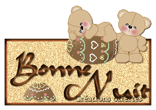 Ces nounours  tout mignons  sur leurs coussins décorés couleurs,vs souhaite BONNE NUIT; couleur crème marron noir,;brille brille!! Joli image ; faisant penser à Notre Coeur d'Enfant :! et à montr