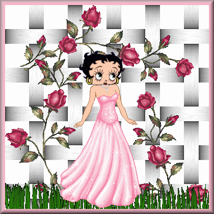 Fille adorable:en douceur et romantisme: BETTY BOOP; jolie robe longue rose, ce que j'aime beaucoup; sous fond gris et blanc; belles roses, sur fond de verdure;  Beauté  féminine dns ctte image -