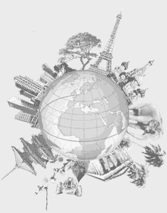 Globe:la terre et sescontinents,mers océans, autour les monuments de plusieurs pays dns le monde, dont la TOUR EIFFEL , on fait LE TOUR DU MONDE en voyant ctte photo;des arbres, on peneà la Grèce, aux