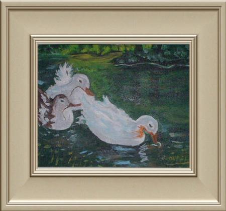 Joli tableau: étang ou lac: se promènent  le canard leurs petits; eau feuilles ; verdure; inspire  rafraichissement; se promener s'aérer en nature;  et coins d'eau ; et animaux ! peut etre l