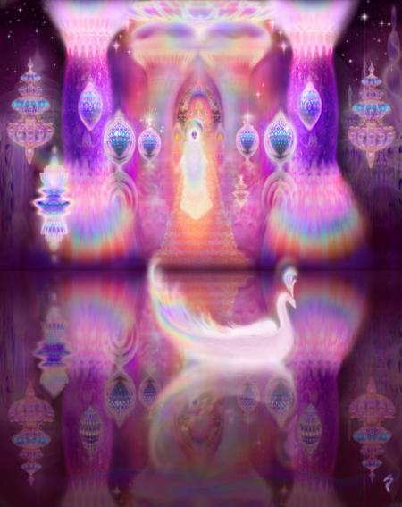 Très belle image, on voit la forme d'une belle femme habillée blanc; entourée de murs ; de médaillons ; d'arcs en ciel de plein de couleurs douces mauves roses bleu vert / blanc orangé ; et 