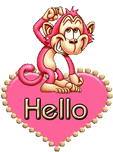 Singe qui vs Dit:Hello: dns ce Coeur et se grattant la tête; un peu d'humour: joli et humoristique,amusant en même temps; ça m'amuse, et ce rose me plait vraiment: HELLO moi je vs dis aussi!