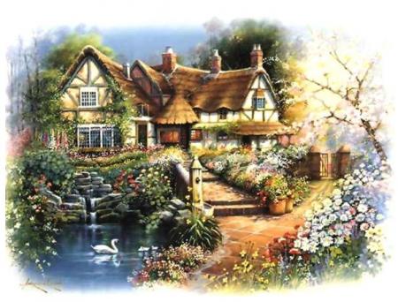 Jolies maisons campagnes verdure et fleurs abondants; un coin d'eau superbe avc un beau cygne blanc; toits de chaumes; et ses poutres aux murs ; image pleine de verdure d'air et qui donne en