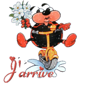 Gif amusant:sur son vélo ce bonhomme la fleur à la main: dit : J'ARRIVE!!!