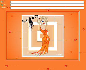 Femme superbe,yeux bleux cheveux blonds;belle robe orange, montrant épaule: sensualité: un peu de verdure: dans ce beau Cadre Orange: comme un écran de télé : je trouve image moderne, et légère en mêm