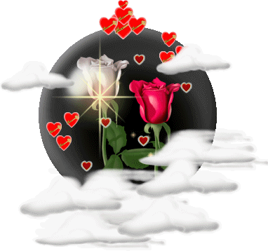Roses rouge blanche coeurs étoiles brillent,nuages blancs sous fond nuit!JOLI