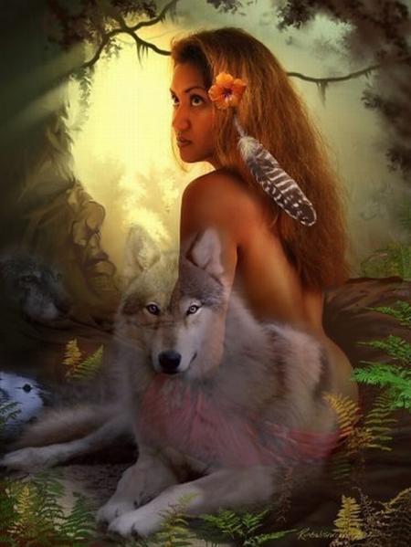Jeune femme Amérindienne belle, dans la forêt,avc son chien superbe!