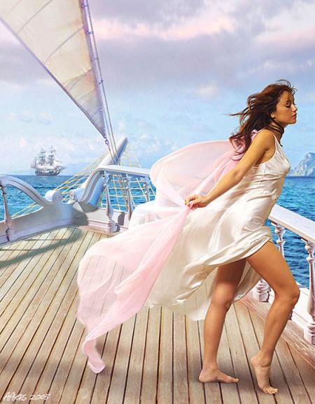 Mer ou Océa:sur un bateau belle jeune fille:avec ses jolis habits volent au vent!Joli/Léger