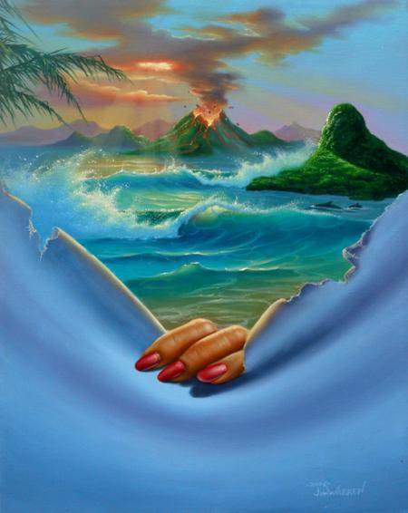 Océan,coucherSoleil Volcanvagues agitées.jolieMainFéminineOuvreLeRiveau prNs Montrer CteBleVue!