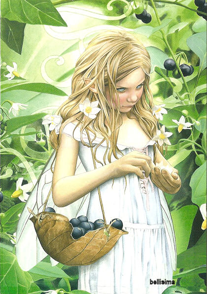 Petite fille dans la nature fleurs,et sa grande feuille:cmme sac portant beaux raisins noirs 