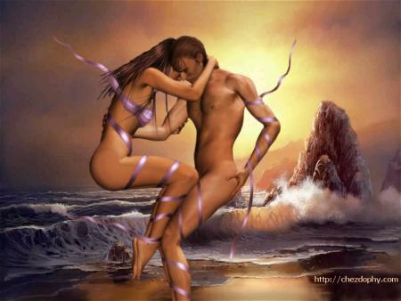 coucher de soleil,lamer/vagues:couple s'aime se regarde tendrementsensuellement!!
