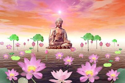 BOUDDHA  magnifique: en posture de Méditation: apaisant ctte image: verdure; belles fleurs mauves, sur eau ; rafraichaissant ; apaise esprit coeur corps et âme, de quelle opinion que l'on soit;  