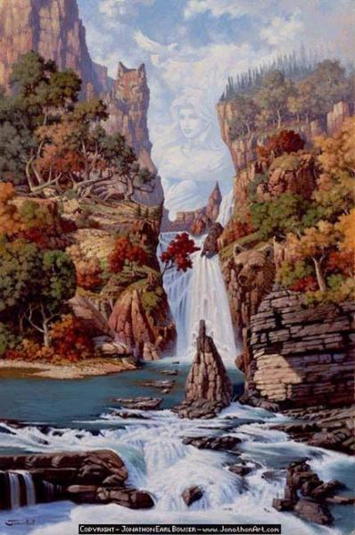 Cascade superbe,fond verdure rochers; et eaux coulant vitesse bleu blanc clair;et ou se reflète dns l'eau:belle femme beau visage,sous ciel bleu nuageux;image à inspiration poétique ; amène tendr