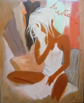 peinture'une belle jeune femme Africaine,lisant!blanc coul constrastées!Joli!