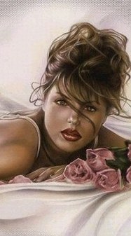 Jolie fille,visage regard profond ; roses; sensuel romantique! Plait 