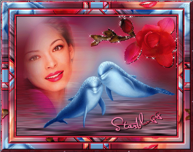 Tableau:belle femme et les deux peti dauphins eau; et rose rouge:que de Beauté!Douceur