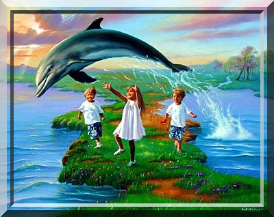 BONJOUR-Dauphin sautant dn l'eau;des enfant admirant le dauphin,jouent!