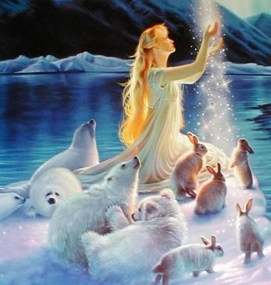 Image superbe émanant Paix chaleur humaine Lumière amour tendresse:belle femme beaux cheveux blonds entourée de beaux ours et lapins blancs sur neige glacée; eau ; moontagnesneige: tout les paysage qu