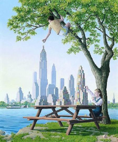 Ville gratte-ciel;beau fleuve,verdure,une jolie fille prend des photosIdée d'Evasion!