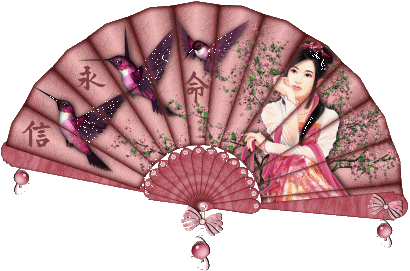 BONJOUR Ts Ttes - Eventail superbe : oiseaux noirs brillent; fond mauve verdure;et belle fille brune, rose sa robe jolie; papillons: image superbe qui inspire à la nostalgie rêve ; inspiration poésie;