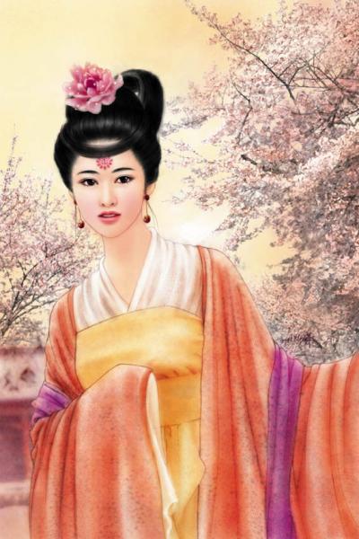 BELLE FEMME.Chinoise,et quel joli habit!arbres fleuris!réveille les sens!Poésie