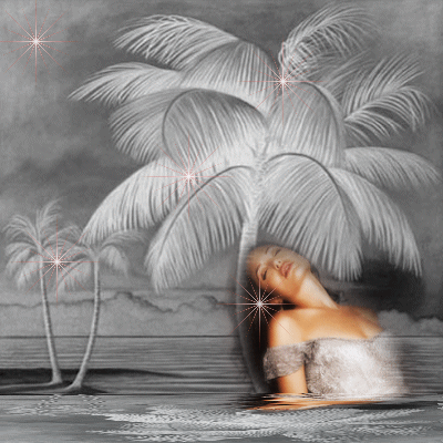 belle femme le soir:bain de MINUIT;palmiers;étoiles!Original Joli