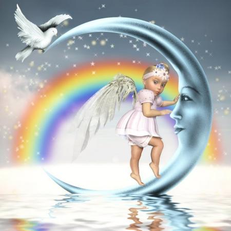 Bel ange petite fille avc lune sous forme visage féminin arc en ciel ;sur la merJOLI BRILLANT