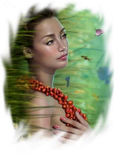 belle femme de profil:nature dns la verduresérénité joie,beau collier perles rouges