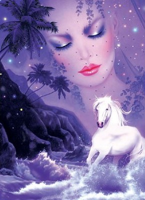 Rivière,vagues agitées,un beau cheval blanc,une bel fem admir ce Beau Paysage, sublime cet ensemble!!