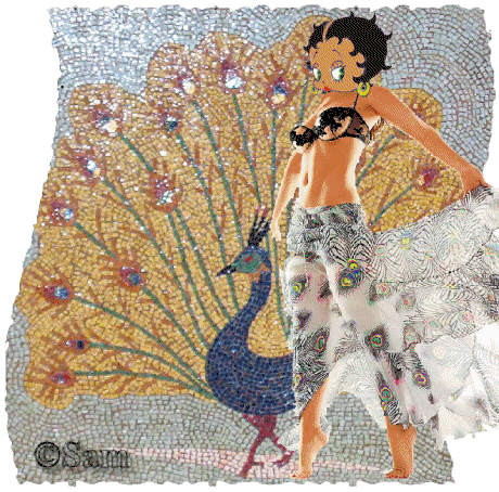 Betty Boops,et son paon;verdure fleurs;image belle betty  et la nature!!qu'en pensez-vous ?jolie mosaique!!