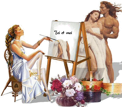 BONJOUR TS TTESavec cte Artiste peintre:peignant un couple Amoureuxbeau fleuri!!sensualité!!