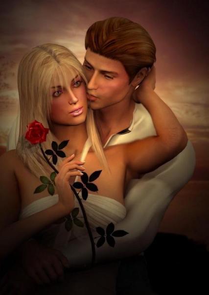 beau couple jeune amoureux,proches intimes, une rose à la main de la jeune femme belle,la nuit arrive, romantisme poésie coucher de soleil 