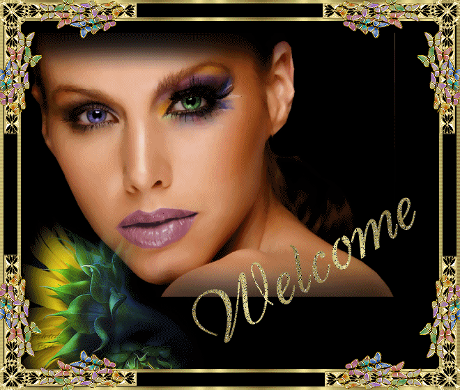 Bell femme modern bien maquillée,beaux tons,fleurs/joli tableau vs souhaite WELCOME  BIENVENUE