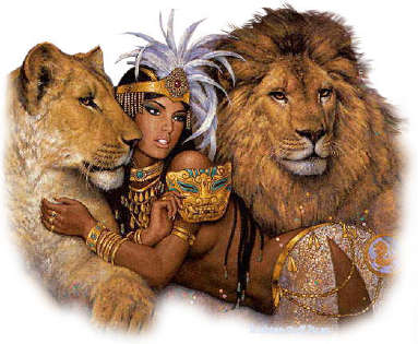 Une belle égyptienne,beaux apparats bijoux,entourée de deux beaux Lions!! image de Rêve !!et de Force à la fois!!