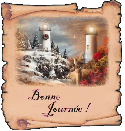 Sr Parchemin crème marron,beau paysage phare rivière un oiseau, vient ns souhaiter BONNE JOURNEE!!