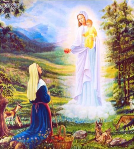 MARIE!la Mère du Christ!apparait devant cette jeune fille Bernadette, en plein verdure,devant GROTTE!! le soleil est là !!