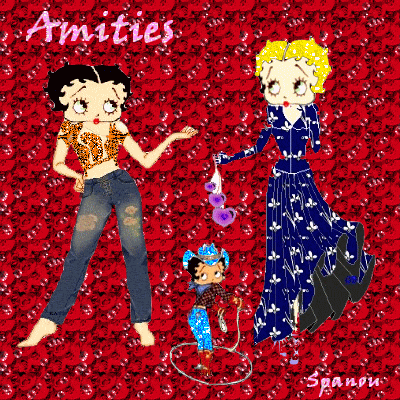 Betty boops parle à sn amie, qui lui ressemb pluto,bell tte deux,AMITIES ent deux; AMITIES NOUS TS TTES brille beau fond rouge!!