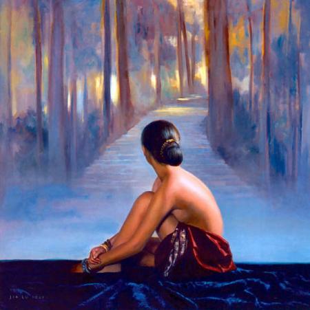 Femme dns forêt sr beau tapis velours bleu, dns sa bel nuditépense et savoure l'air de la forêtL'amour dns sa tête?surement!!!