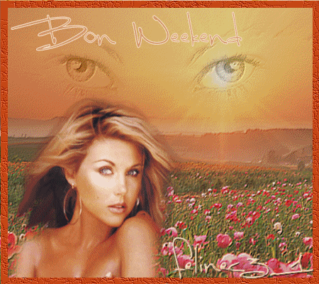 BON WEEK END TS TTES Beau visage féminin,c'est l'été soleil fleurs;regard en transparenc souhait BON WEEK END